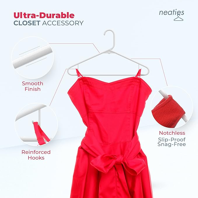 Neaties Plastic Hangers 30 Pack – Made in the USA – 6lb Capacity Standard Clothes Hangers with Strap Hooks for Dresses, Lingerie, Shirts, Pants, and Jackets – White & Black