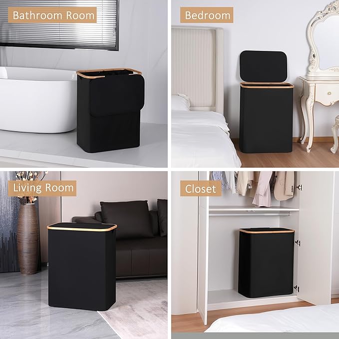 iEGrow 150L Laundry Basket with Lid,Large Laundry Hamper with Bamboo Handles, Hampers for Laundry, Dirty Clothes Hamper with 2 Removable Inner Bags for Clothes Toys Towels,Black