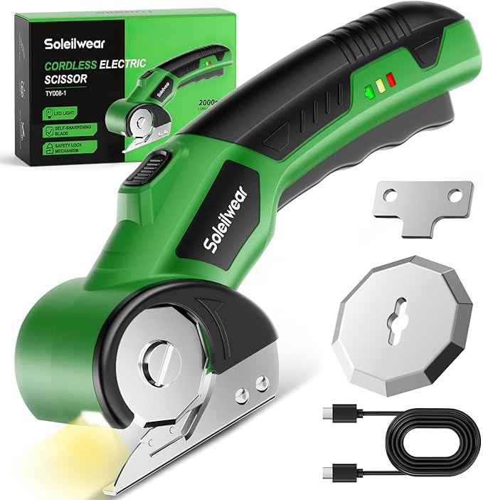 Cardboard Cutter, Rechargeable Cordless Electric Scissors, 4V Upgrade Motor Electric Box Cutter with 2 Blades, Safety Lock & LED Light, Powerful Cutting for Cardboard Box, Plastic, Leather