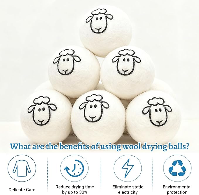 Wool Dryer Balls 6-Pack,Premium New Zealand Dryer Balls Laundry Reusable,100% Wool, Hand-Felted,Natural Fabric Softener, Reduces Clothing Wrinkles & Static Reduction,and Saves Drying Time