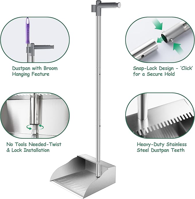 Dust Pans with Long Handle,Heavy Duty Metal Dust Pan with Handle,Upright Stand Up Dustpan with Dust Pan Teeth to Clean Hair for Home Kitchen Office Lobby Floor Garden