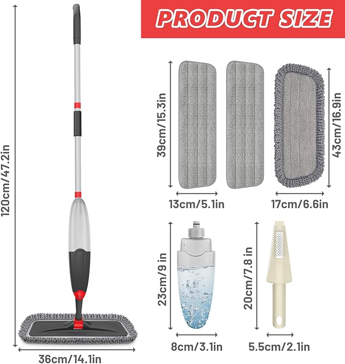 HOMTOYOU Microfiber Hardwood Floor Mop: Dust Spray Mops for Cleaning Wood Home Kitchen Floors - Wet Mopping & Dry Sweeping - 3 Reusable Refills & 1Pcs 400+ML Refillable Bottle