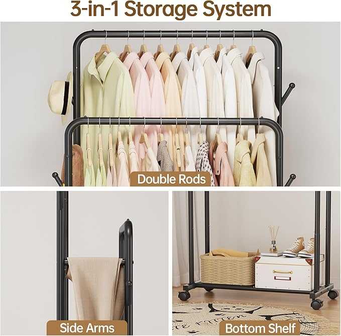 Delamu Clothes Rack, Double Rods Clothing Rack for Hanging Clothes, Metal Garment Rack with Rolling Wheels, Portable Wardrobe Closet Rack for Coat, Bedroom, Laundry, Black