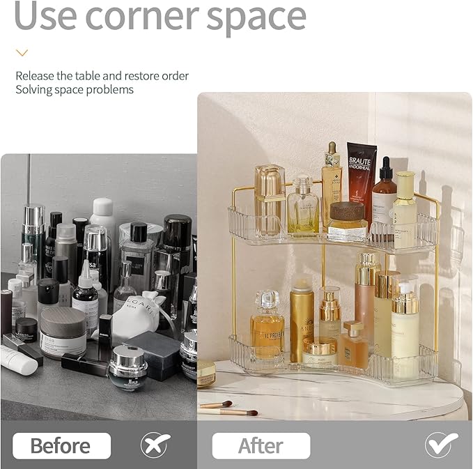INVSSENE Corner Bathroom Countertop Organizer, Vanity Trays for Counter, Makeup Organizers, Perfume Tray, Kitchen Spice Rack, (Clear, 2 Tiers)