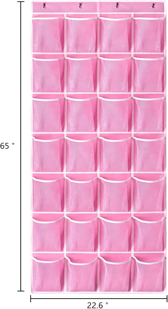 KEEPJOY 28 Pockets Hanging Shoe Organizer, Over the Door Shoe Organizer, Hanging Door Shoe Holder Rack with Mesh Pockets Large Size 65 x 23 Inch (Pink-1Pack)