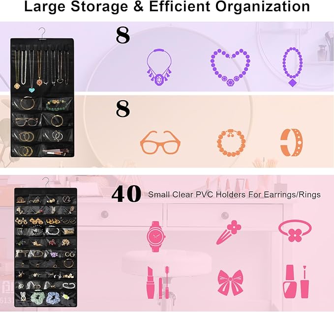 Hanging Jewelry Organizer for Closet, Double-Sided 48 Pockets & 8 Necklaces Holder Jewelry Hanging Organizer to Store Earrings, Necklaces, Bracelets, Rings