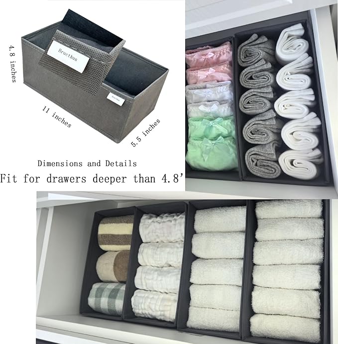 Bructhun Drawer Organizer Set of 4 Khaki - Fabric Storage Bins for Clothes, Underwear, Socks & Bras - 11" Dresser Dividers for Bedroom Closet