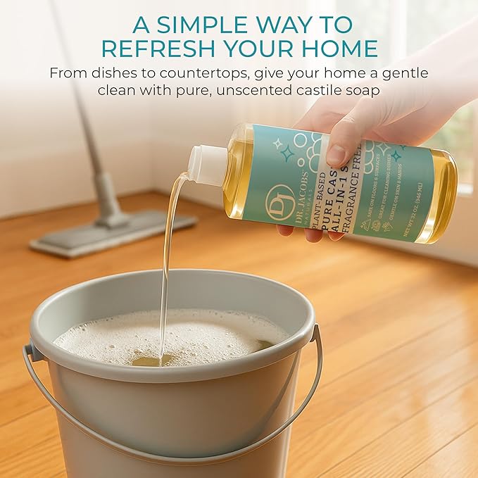 Dr. Jacobs Naturals Fragrance Free Castile All-in-One Cleaner and Soap - Plant-Based Formula for House Cleaning Floors and Appliances - Gentle on Skin and the Planet - 32 oz, 1 Pack