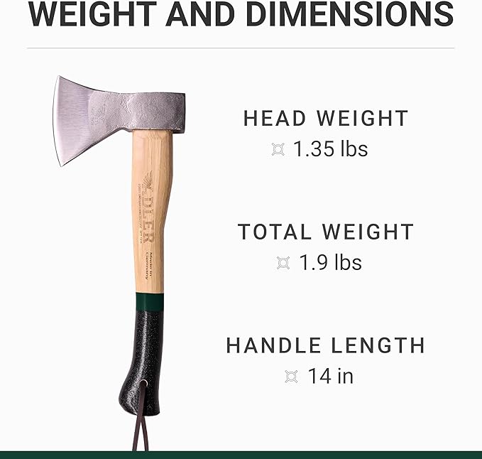 Adler Rheinland Camping Hatchet with Leather Sheath - German Forged, 14" Hickory Handle, Compact Hatchet for Hiking, Bushcraft, Wood Carving, Preparing Kindling (Red Stripe)