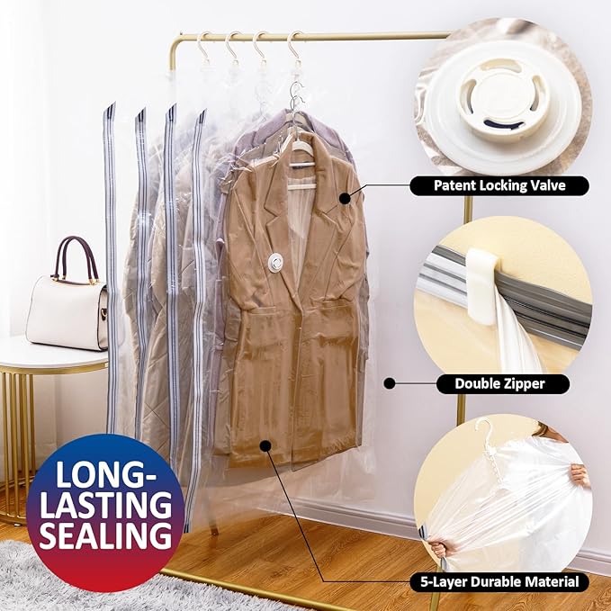 Hanging Vacuum Storage Bags, 3 Pack Large Hanging Vacuum Seal Bags for Clothing, Space Saver for Clothes, Jackets, Closet Organizer for Moving Supplies(53.1x27.6 in)