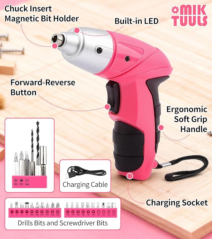 Electric Screwdriver 58pc Tool Set, Cordless & Rechargeable 3.6V Small Power Screwdriver Home Tool Kit Set with Compact Hand Box, Pink