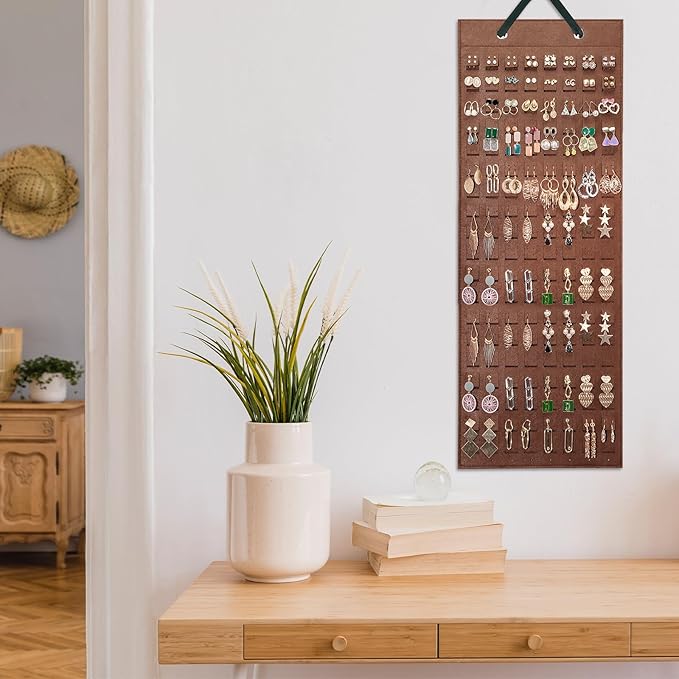 Lolalet Hanging Earring Holder Organizer with 20 Hooks for Women, Earring Organizer Wall Earrings Hanger Pierced Earring Storage, Felt Stud Earring Display, 608 Holes for Earrings - Brown, 1 Pack