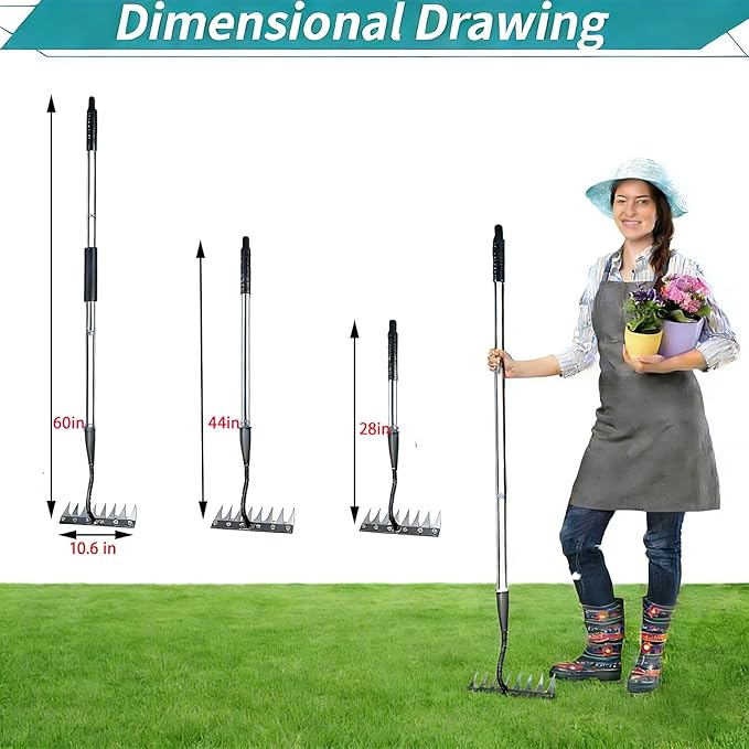 Upgraded Iron Weeding Tool with Adjustable Length Long Handle (31"-63") 3.0,Garden Weed Puller Tool ,8 Tines Manual Weeder Rake,Heavy Duty Weed Puller for Removing Weeds,Lawn, Flower Beds and Aeration