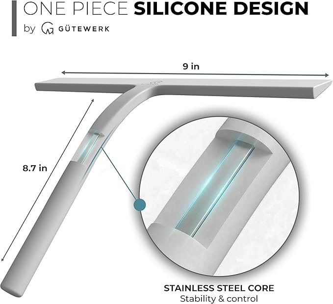 GÜTEWERK Silicone Shower Squeegee for Glass Doors & Mirrors with Stainless Steel Core, Streak-Free & No-Squeak Window Cleaning, 3-in-1 No-Drill Mount (Hook/Suction/Adhesive),White, 9 Inches