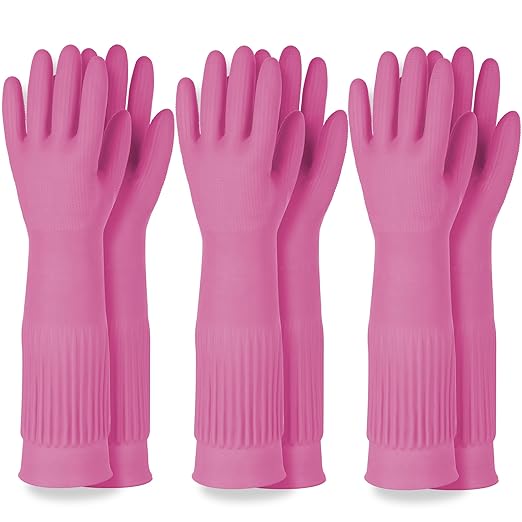 Mamison 2 Pairs Reusable Waterproof Household Dishwashing Cleaning Rubber Gloves, Non-Slip Kitchen Glove (Pink, XL (Pack of 3))