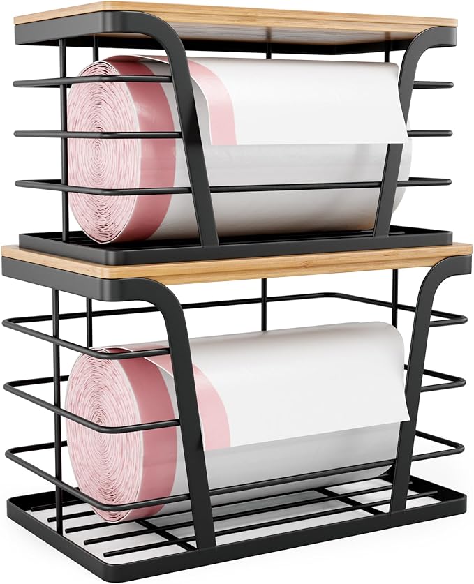 2 Pack Stackable Storage Laundry Kitchen Organizers, Wall Mount Trash Bag Holder with Bamboo Top and Garbage Bag Dispenser No Drill