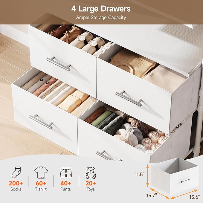 T3 Closet System with Stepless Dimmable LED Light, Industrial Pipe Clothing Rack with 4 Drawers, 6 Wooden Shelves & 4 Telescopic Rods, Heavy Duty Closet Organizers in Wardrobe Closet (White)