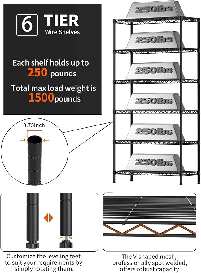 Golpart 6 Tier Adjustable Storage Shelves,Heavy Duty Metal Utility Shelf 1500LBS Capacity Wire Shelving Unit Organizer Rack for Home Kitchen Pantry Room 14" D x 36" W x 72" H Black
