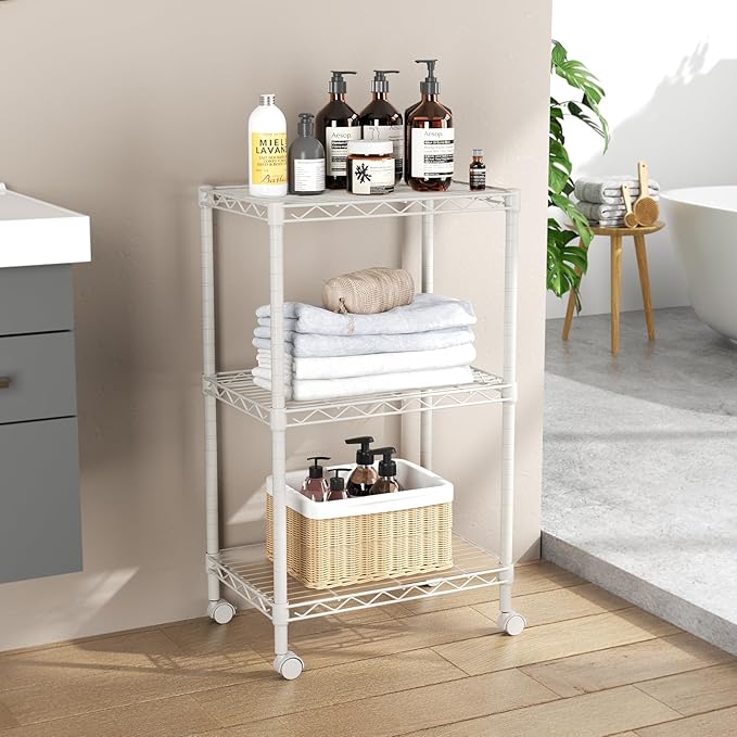 SINGAYE 3 Small Shelves Storage Shelf Wire Shelving Unit Metal Shelf Adjustable Organizers Storage Shelving with Wheels for Bathroom Laundry Room Kitchen Pantry11.5”D x 17.5”W x 30.5”H White