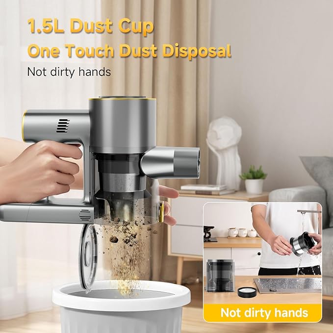Shieal Cordless Stick Vacuum Cleaner - 45KPA Powerful Suction Vacuum with 45 Min Runtime, Detachable Battery, Anti-Tangle & 1.5L Dust Cup, 8 in 1 Vacuum Cleaner for Pet Hair, Carpet, HardFloor, Yellow