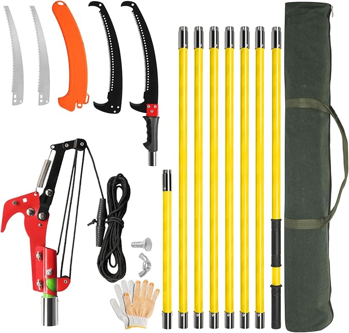 VINGLI Manual Pole Saw for Tree Trimming, 26 ft Extendable Tree Pruner, Sharp Steel Blade and Scissors, High Tree Branch Cutter with Lightweight 8 Fiberglass Long Handles, for Pruning Palms and Shrubs
