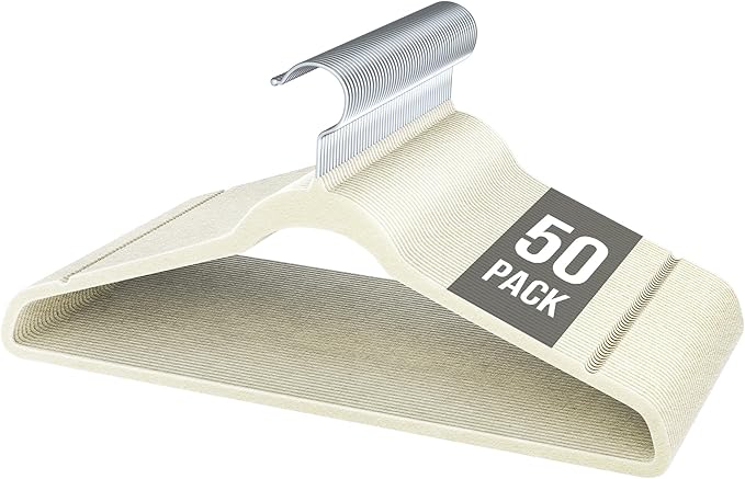 Velvet Hangers 50 Pack, Slim Non-Slip Clothes Hangers Space-Saving for Closet, Heavy Duty for Pants, Coats, Skirts, Jeans, Sweaters and More, Nylon-Flocked, Ivory