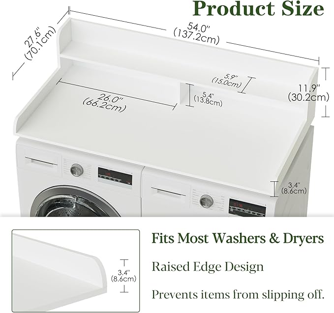 2-Tier Washer Dryer Countertop, Laundry Room Organization and Storage, 27.6" x 54" Wood Laundry Countertop for Washer and Dryer, White