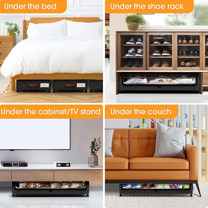 SpaceHacks Under Bed Storage with Wheels 3Pack Storage Containers with Clear Window&Label Under Bed Drawers Rolling Under Bed Storage for Clothes,Shoes, Blankets (30.71 x 16.93 x 6.69 in, Black)