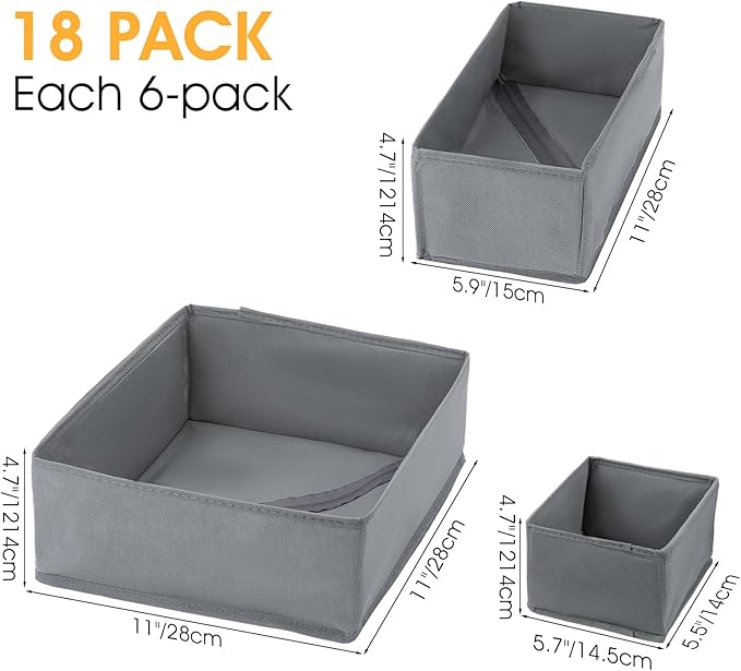 18 Pack Dresser Organizer Bins for Clothes Drawer Organizer Clothes, Underwear Bra Sock Organizers Fabric Closet Organization and Storage Dividers for Nursery Bedroom Dorm Grey