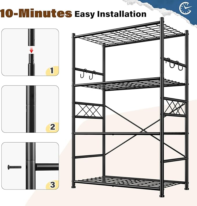 Storage Shelves 4-Tier Large Capacity Metal Shelving with Hooks, Heavy Duty Garage Shelving Unit with Leveling Feet, Stable Metal Shelves for Pantry, Kitchen and Closet,36" W x 12" D x 60" H, Black