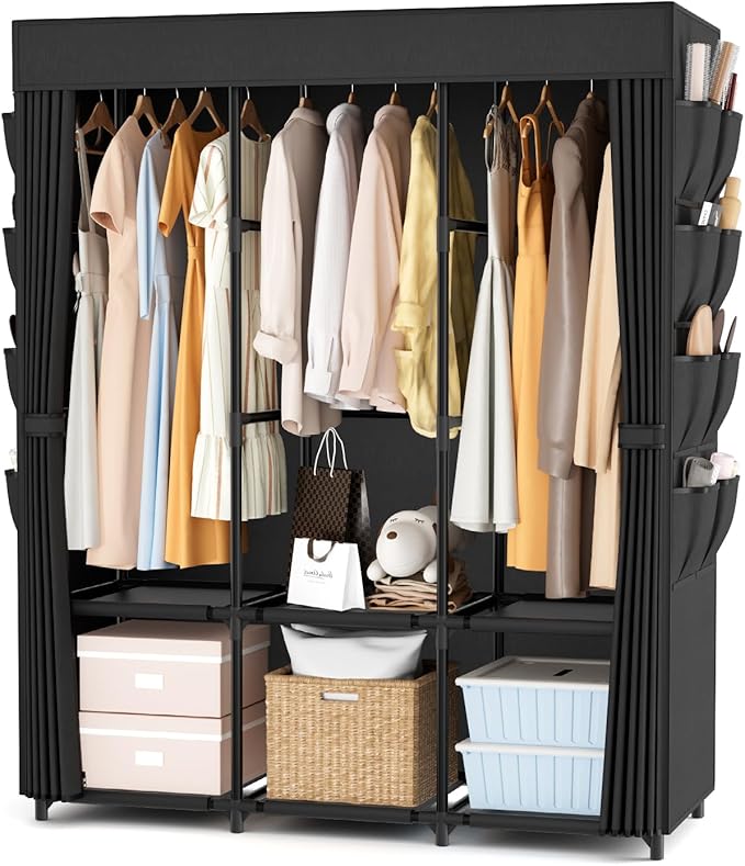 Wardrobe Closet Portable Closets for Hanging Clothes Large Capacity Clothes Rack with Cover, 3 Hanging Rods, 6 Shelves and 8 Pockets, Strong and Stable Free Standing Closet for Bedroom, Black