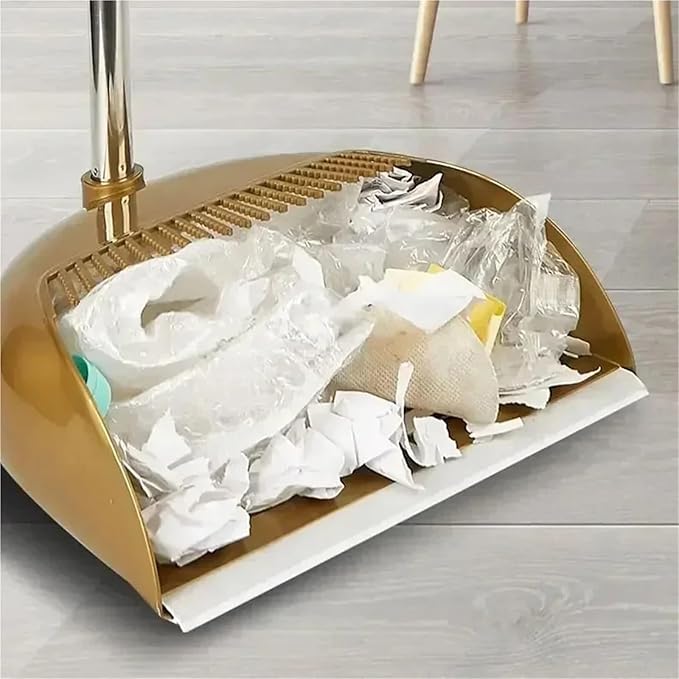 Gold Broom Dustpan Set Folding Dustpan Long Handle Rubber Wiper Space-Saving Floor Cleaner Kit Household Cleaning Accessory for Cleaning(Gold-2pcs)