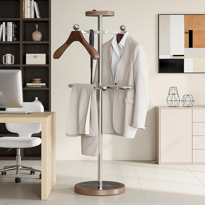 Suit Valet Stand with Marble Base, Freestanding Men’s Clothing Organizer with 2 Wooden Hangers, Storage Tray, Stainless Steel Frame, for Bedroom, Office, Entryway (12.6" x 54.3")