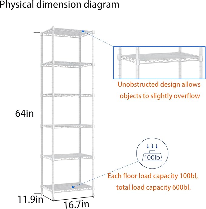 REGILLER 6 Wire Shelving Steel Storage Rack Adjustable Unit Shelves for Laundry Bathroom Kitchen Pantry Closet (16.7L x 11.9W x 64H, White)