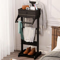 Men's Valet Stand with Tray, Black Wood Clothes Stand, Freestanding Garment Rack Organizer for Enterway, Office, Bedroom