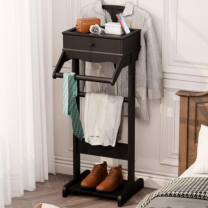 Men's Valet Stand with Tray, Black Wood Clothes Stand, Freestanding Garment Rack Organizer for Enterway, Office, Bedroom