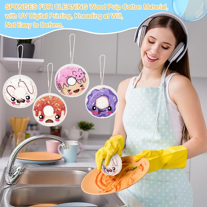 8 Pack Cute Kitchen Sponges Dish Set Compressed Non-Scratch Reusable Kitchen Cleaning Household Sponges for Dishes, Pans, Kitchen, Fruit, Plate, Bathroom(Donut)