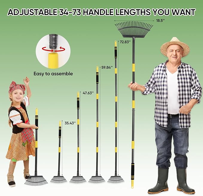 Garden Leaf Rakes, 6FT Rake for Lawns Heavy Duty 25 Metal Tines 18.5 inch Wide, Adjustable Steel Handle, Rakes for Leaves, Gathering Shrub, Grass, Yard