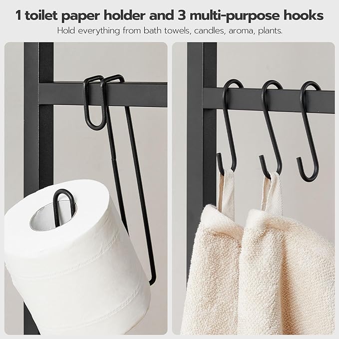 HOOBRO Over-The-Toilet Storage, 2-Tier Bathroom Organizer Over Toilet, Bathroom Shelves with Toilet Paper Holder and Hooks, Freestanding Storage Shelf, Space Saver, Greige and Black BG49TS01