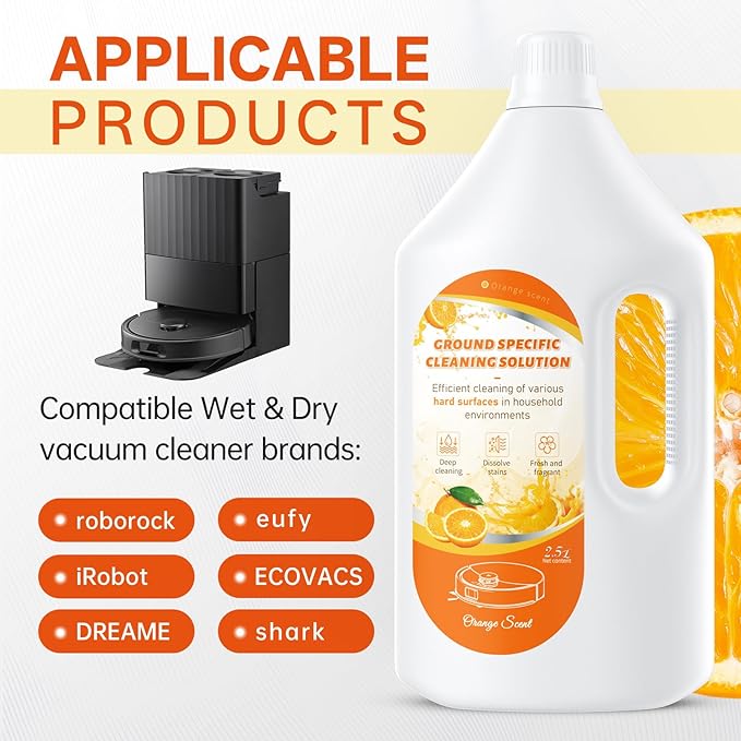 2.5L Floor Cleaning Solution Compatible with Roborock/Eufy/iRobot/Ecovacs/Dreame/Shark, Fragrance Deodorization, Deep Cleans for Multiple Hard Floors (2.5 Liter, 【Sweet Orange】)