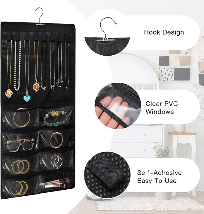 Hanging Jewelry Organizer for Closet, Double-Sided 48 Pockets & 8 Necklaces Holder Jewelry Hanging Organizer to Store Earrings, Necklaces, Bracelets, Rings