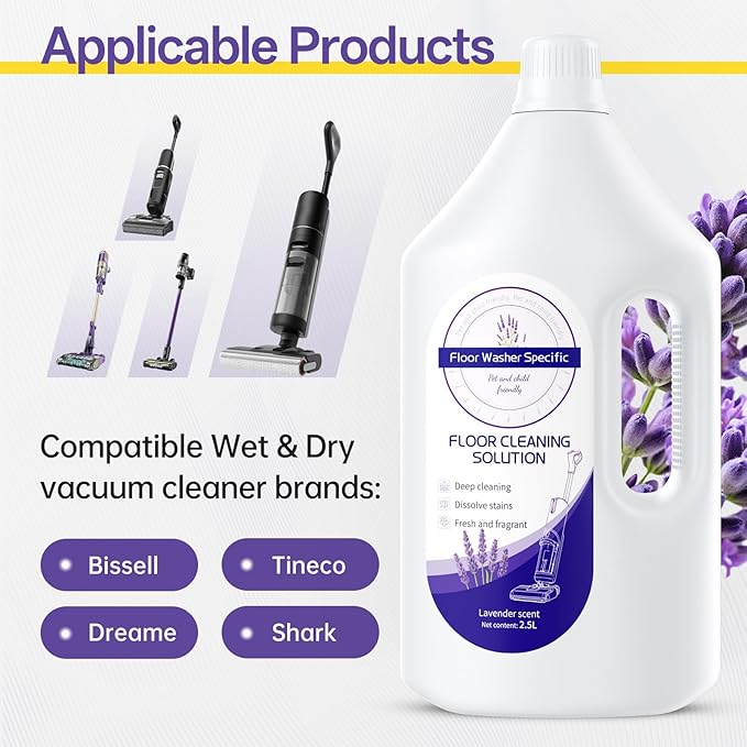 Floor Cleaning Solution Compatible With Tineco/Bissell/Dreame And Shark, Fragrance Deodorization, Deep Cleans for Multiple Hard Floors, Suitable With Cordless Wet/Dry (【Lavender】, 2.51 Liter)