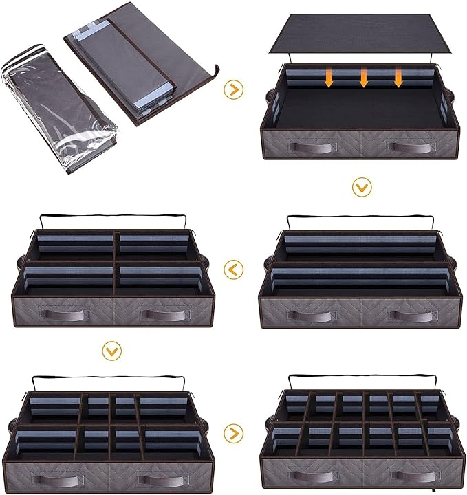 Under Bed Shoe Storage Organizer, Set of 2, Sturdy Structure, Adjustable Dividers, Reinforced Handle, Sturdy Zipper, Underbed Storage Solution with Clear Window, Breathable, Gray