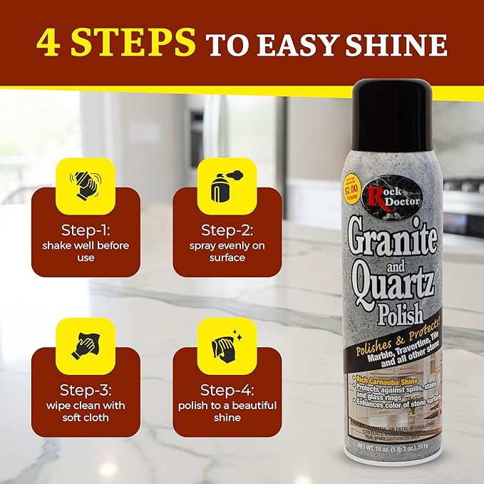 Rock Doctor Granite Polish Spray and Surface,18oz.Can Polish Tile, Marble, Kitchen Countertop, and Natural Stone Surfaces, Streak-Free Shine Pack of 4 (4)