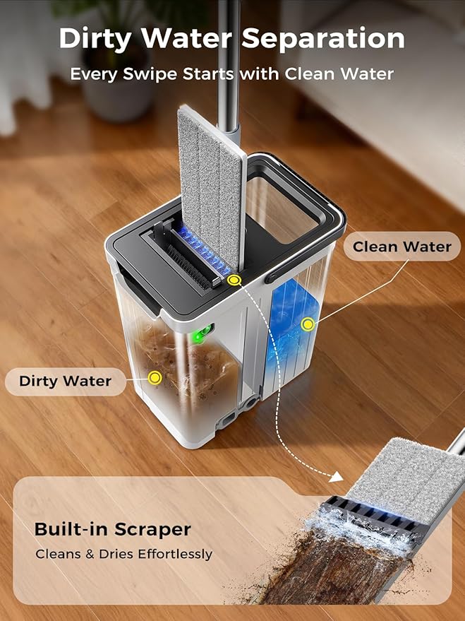 Mop and Bucket Set | Auto-Spray Cleaning | Dirty Water Separation Keep Water Fresh | Flat Mop & Bucket with Scraper | 3X Washable Pads | Mops for Floor Cleaning All Floors Tile Wall Window