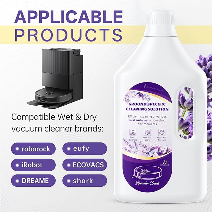 1L Floor Cleaning Solution Compatible with Roborock/Eufy/iRobot/Ecovacs/Dreame/Shark, Fragrance Deodorization, Deep Cleans for Multiple Hard Floors (1 Liter, 【Lavender】)