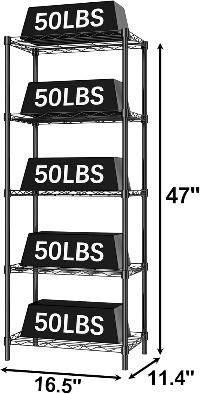 HOMEFORT Storage Shelves, 5-Wire Shelving, Metal Shelving Unit,Small Wire Shlving Rack for Kitchen, Pantry, Bathroom, Black, 16.5" W x 11.4" D x 47" H