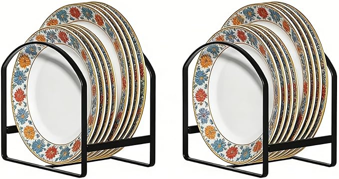 LINFIDITE 2 Pack Kitchen Plate Holder Organizer for Cabinet Space Saver Dinner Dish Plate Storage Rack Upright Dish Drying Racks Metal Dish Racks Stand for Cupboard and Countertop Large Black