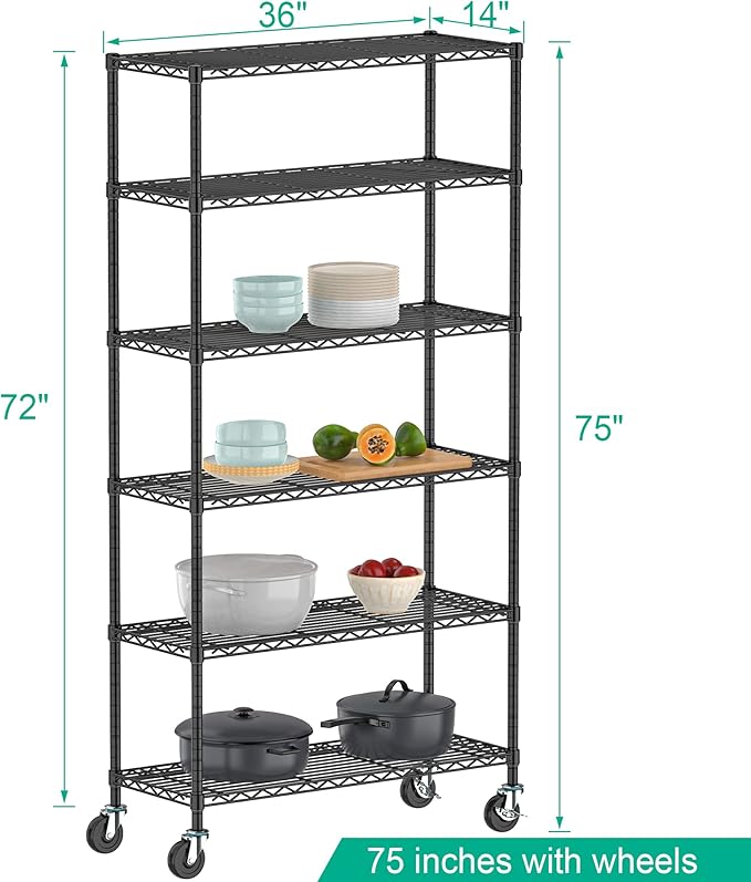 Folews 6-Tier Metal Storage Rack with Wheels, Sturdy Adjustable Wire Shelving Unit for Garage Kitchen Pantry Laundry Room, 36" W x 14" D x 75" H Large Rolling Organizer Shelf Easy Assembly, Black