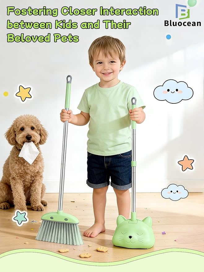 28'' Kids Mini Broom with Dustpan & Mop Set - Toddler Cleaning Toy, Toddler Household Helper, Parent-Child Interactive Play Cleaning Tool, Cute Cartoon Design, Small Safe Corner Broom (Green)